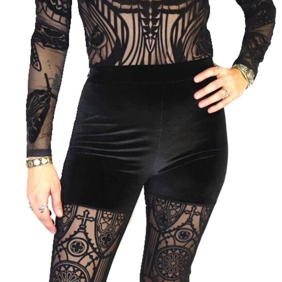 Restyle High Quality Black Velvet Cathedral Gothic Leggings - Picture 2 of 3